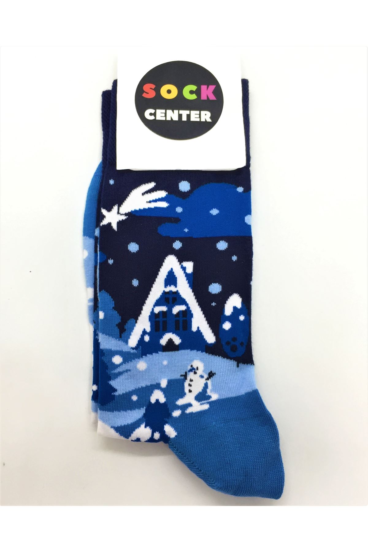 Mavi Kış Ev Desenli Soket Çorap