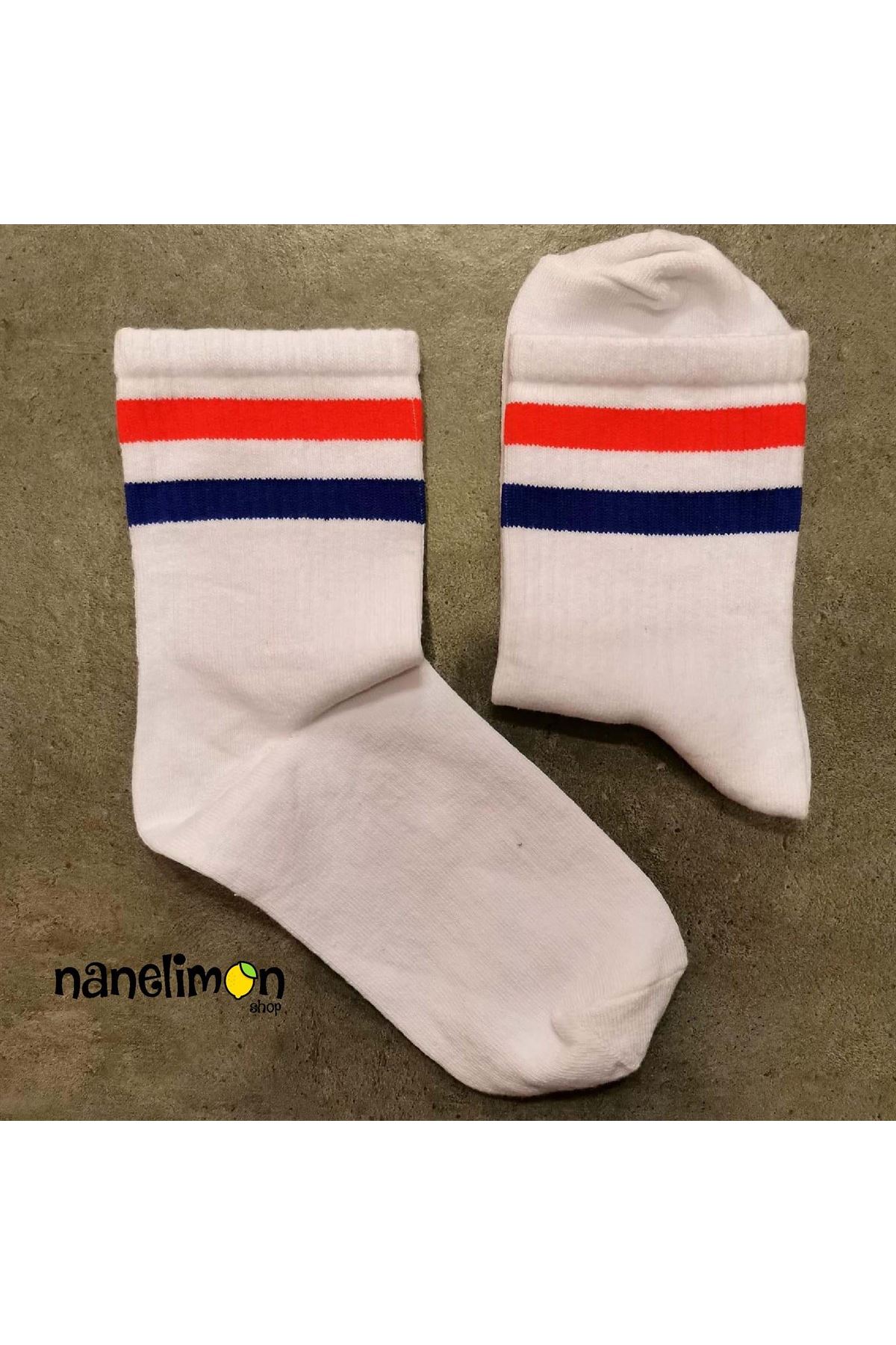 Beyaz Kırmızı Mavi Şeritli - Çorap